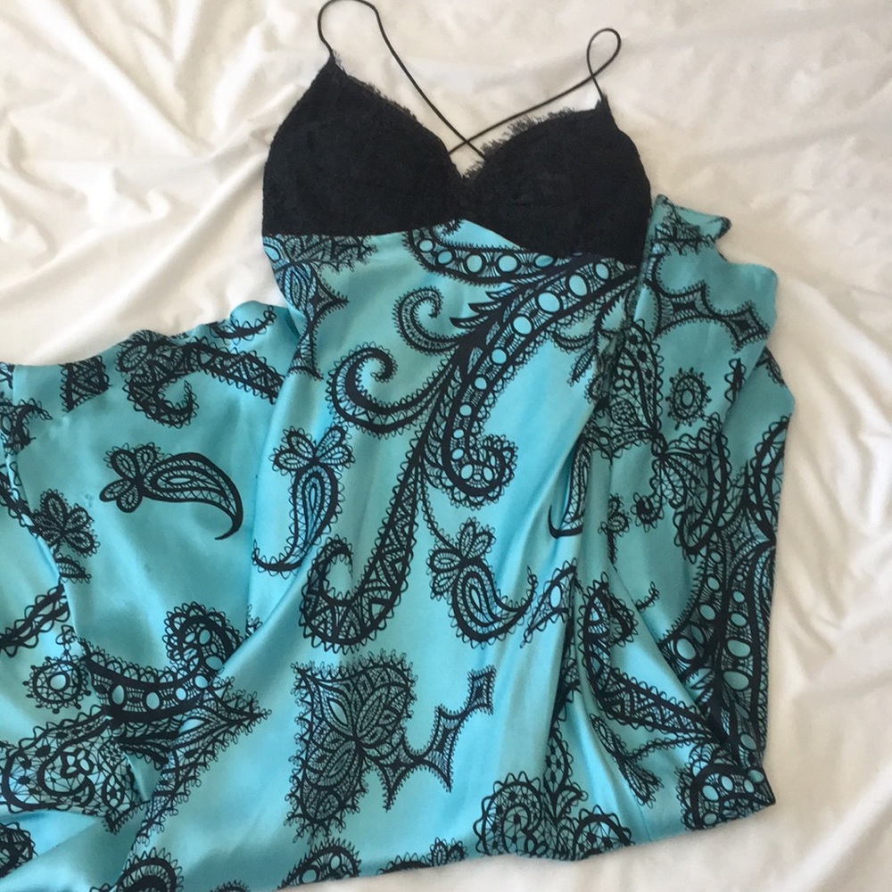 Black lace and paisley teal pattern dress